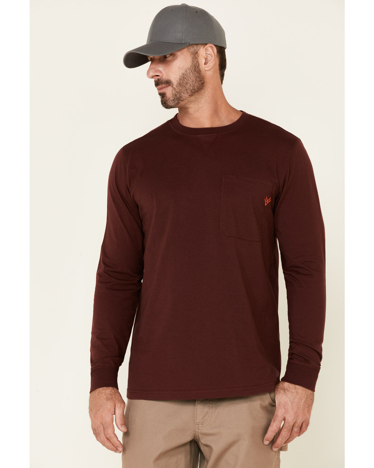Image #1 - Hawx Men's Dark Red Original Pocket Long Sleeve Work T-Shirt, Dark Red, hi-res