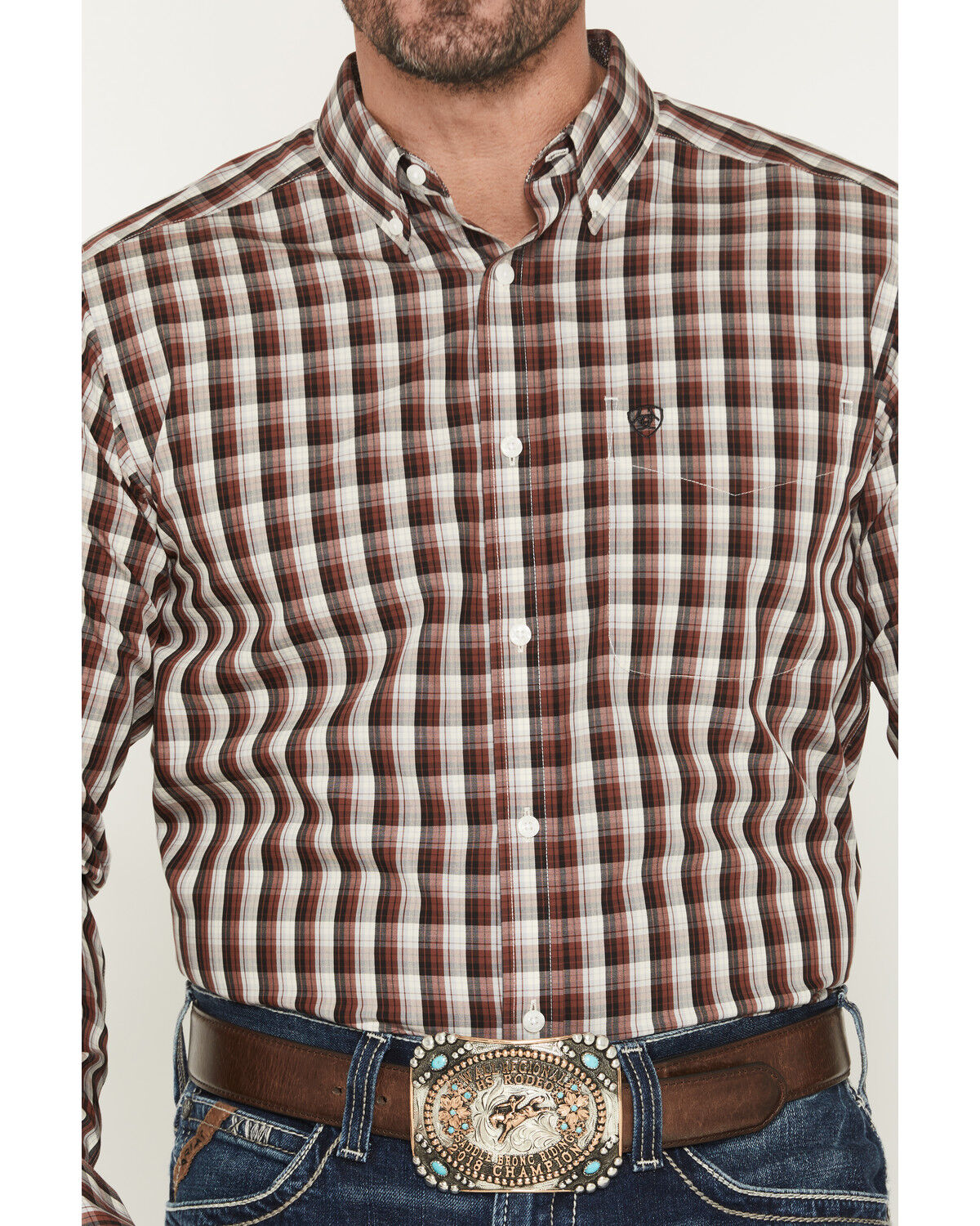 Image #3 - Ariat Men's Wrinkle Free Atlas Plaid Print Fitted Long Sleeve Button-Down Western Shirt, Brown, hi-res