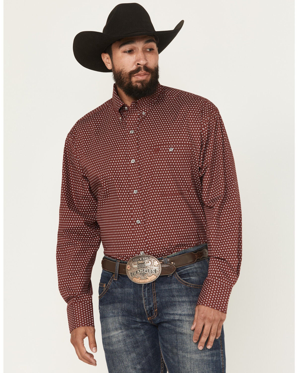 George Strait by Wrangler Men's Medallion Print Long Sleeve Button-Down Stretch Western Shirt, Wine, hi-res