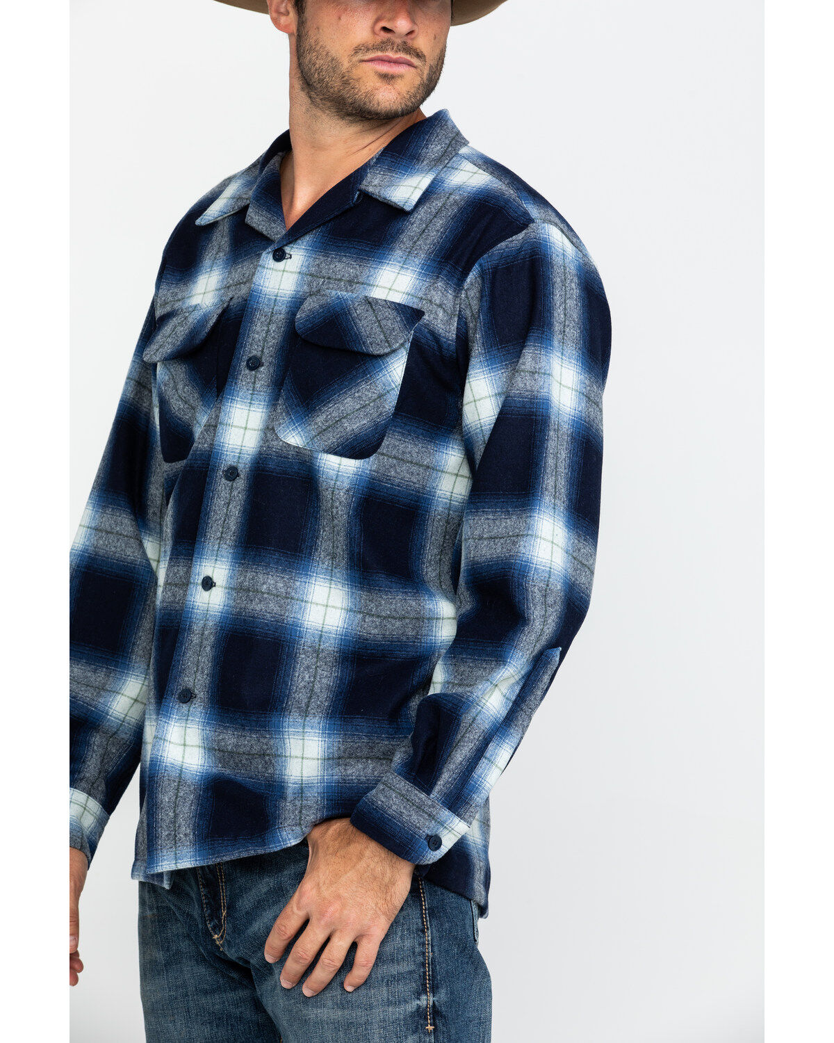 Image #5 - Pendleton Men's Navy Board Oxford Plaid Long Sleeve Western Shirt, Navy, hi-res