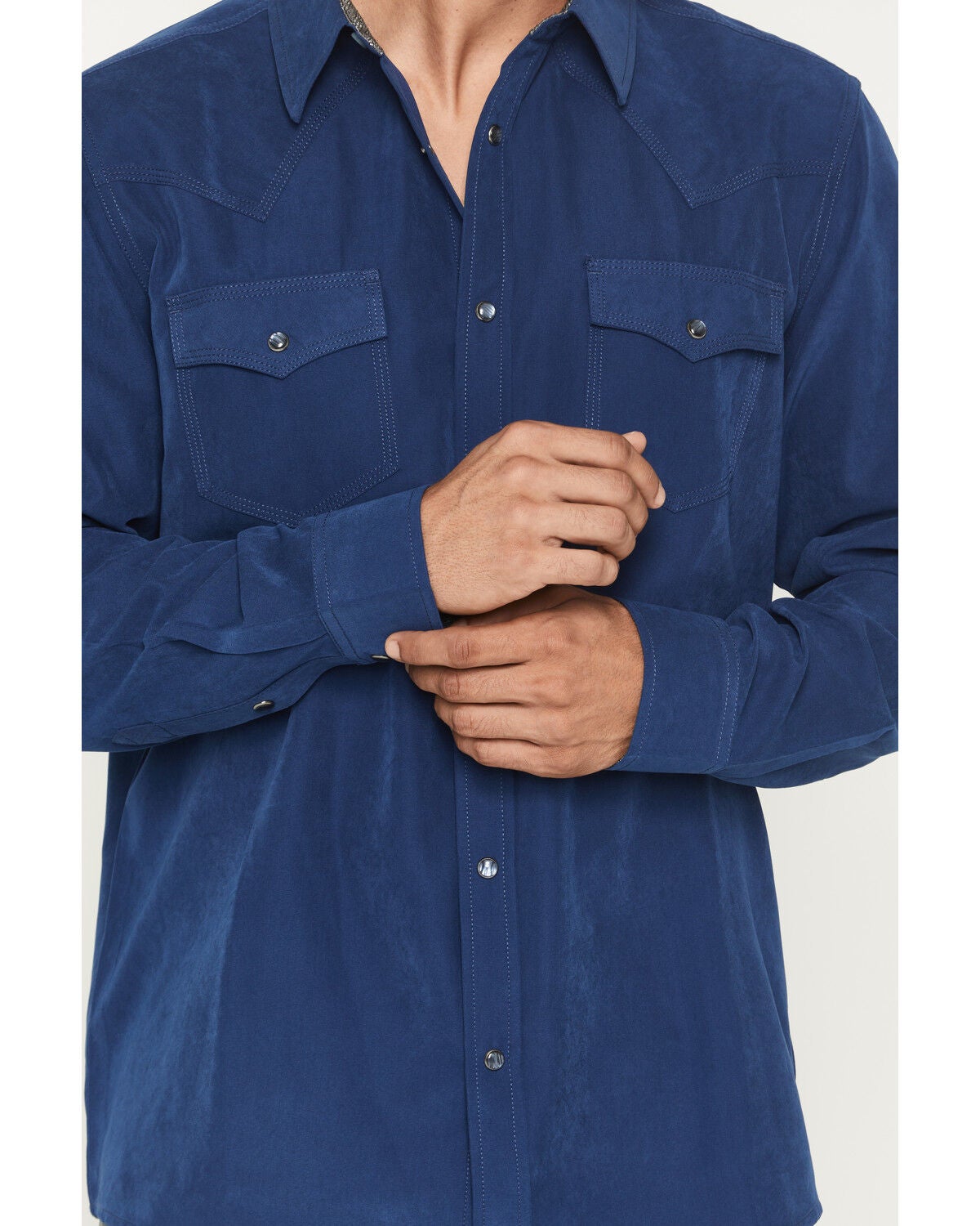 Image #3 - Moonshine Spirit&reg; Men's Side Stage Solid Faux Suede Long Sleeve Pearl Snap Western Shirt, Blue, hi-res