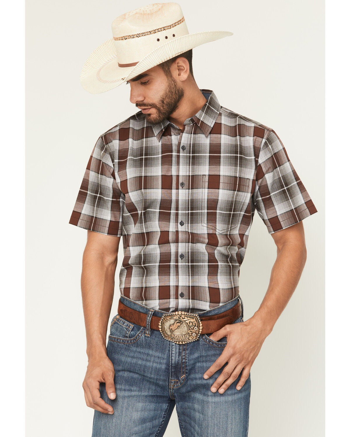 Cody James Men's Urban Rodeo Plaid Print Short Sleeve Button-Down Western Shirt, Brown, hi-res