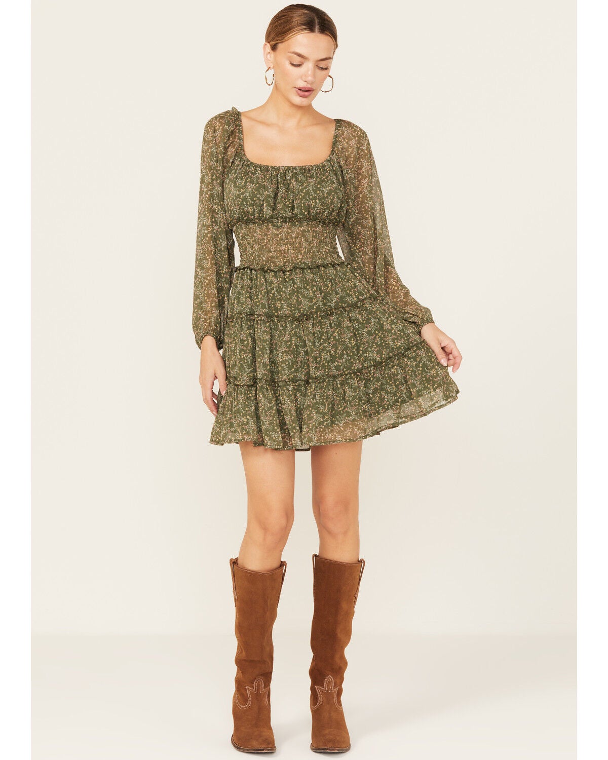 Ash & Violet Women's Floral Print Long Sleeve Mini Dress, Olive, hi-res