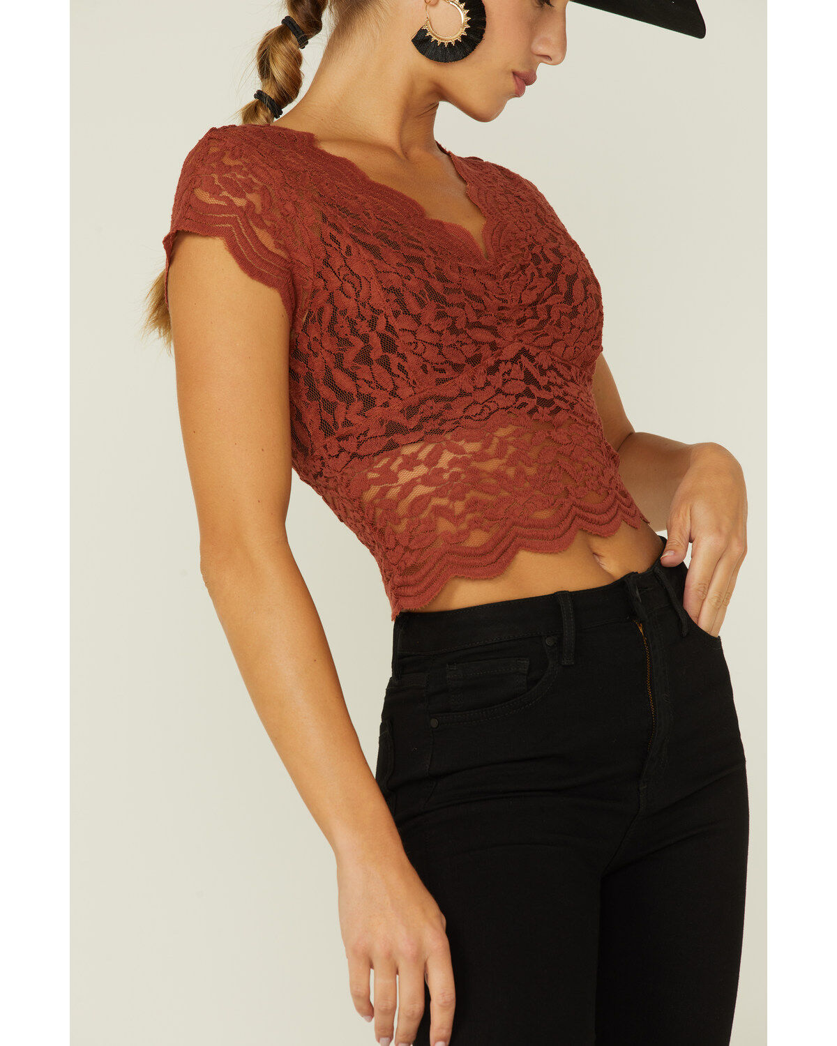 Image #2 - Shyanne Women's Lace Knit Flutter Sleeve Crop Top, Brandy Brown, hi-res
