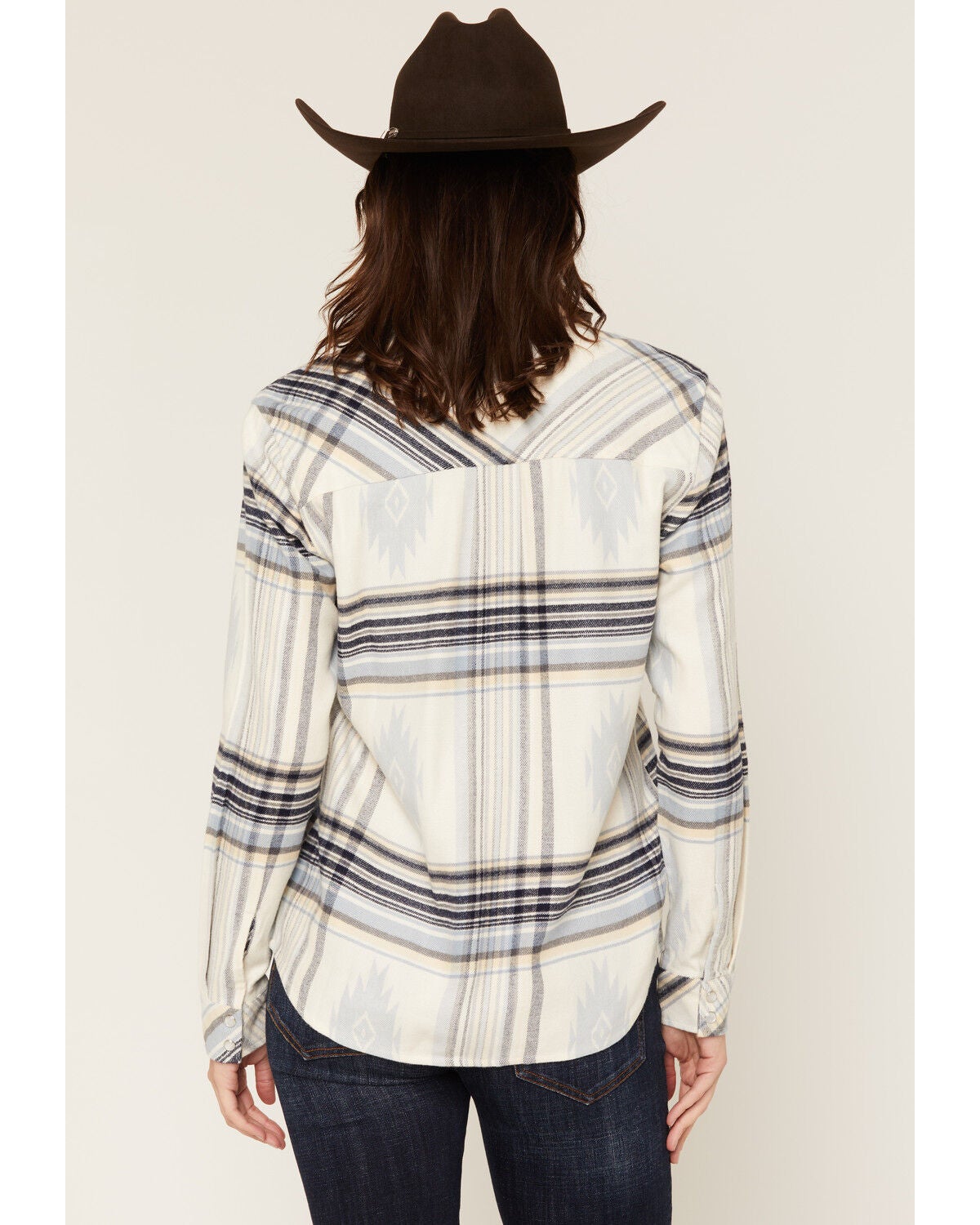 Image #4 - Idyllwind Women's Mayfair Southwestern Plaid Print Long Sleeve Pearl Snap Flannel Shirt, Dusty Blue, hi-res