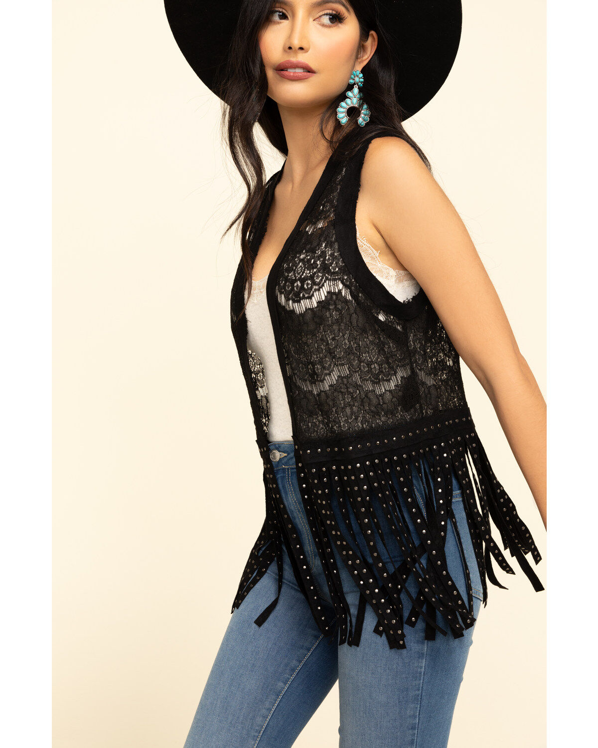 Image #5 - Vocal Women's Lace Studded Fringe Vest, Black, hi-res