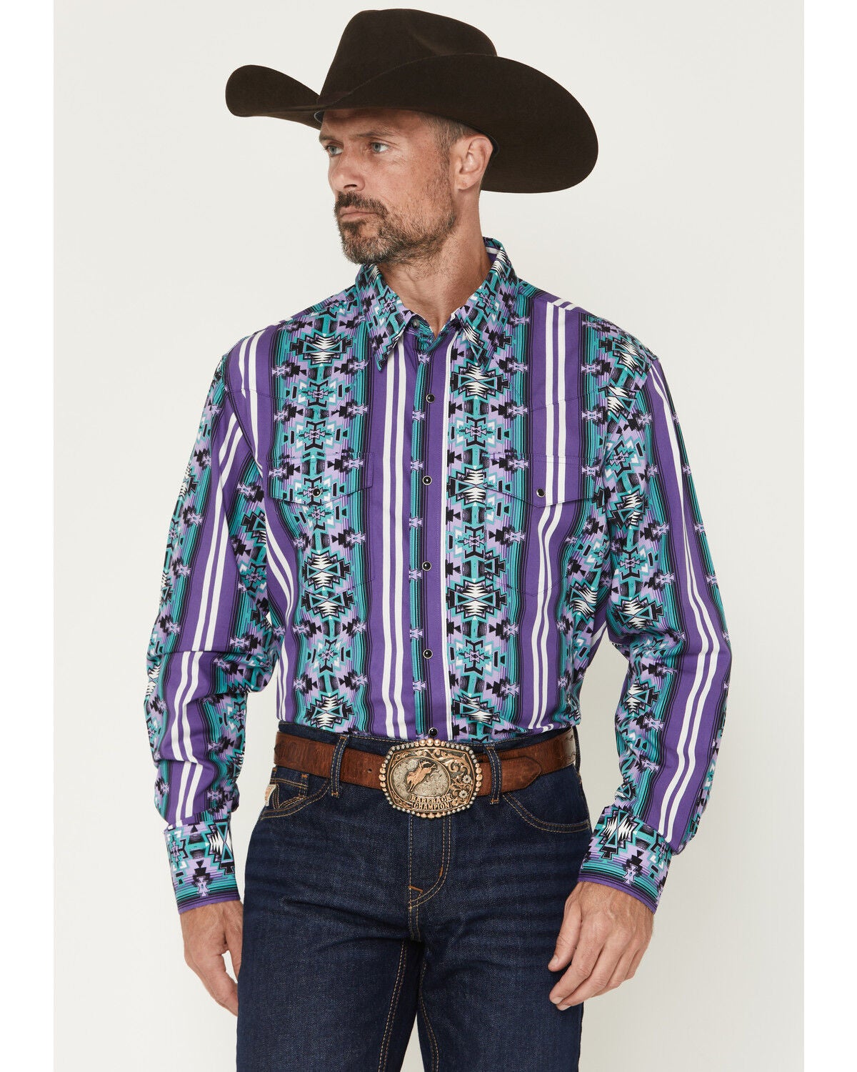 Image #1 - Wrangler Men's Checotah Southwestern Print Long Sleeve Snap Western Shirt, Purple, hi-res