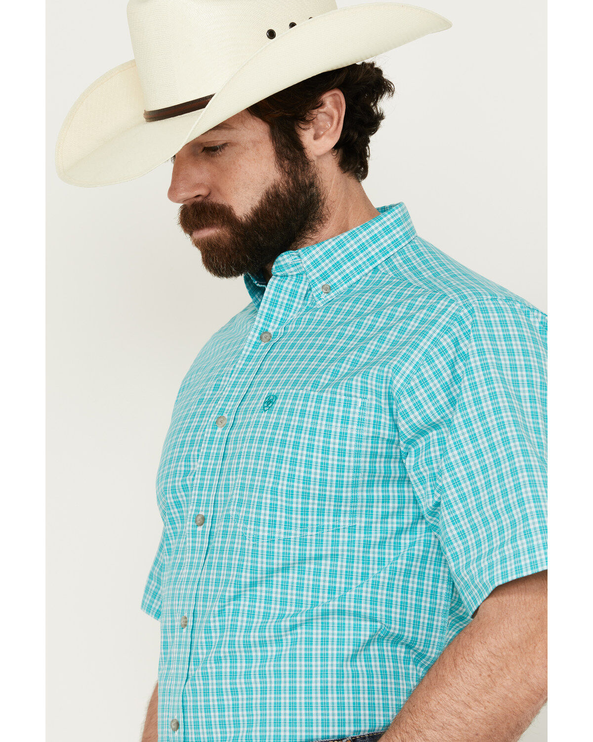 Image #2 - Ariat Men's Jensen Plaid Print Short Sleeve Button-Down Performance Western Shirt, Turquoise, hi-res