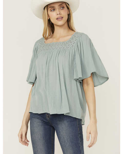 Band Of The Free Women's Solid Short Sleeve Ruffle Blouse , Blue, hi-res