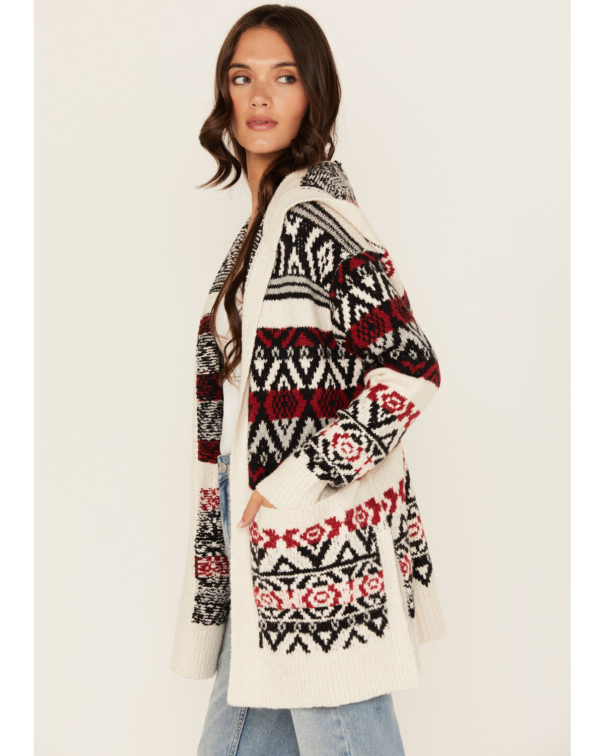Image #2 - Cleo + Wolf Women's Carmen Southwestern Print Hooded Cardigan, Oatmeal, hi-res