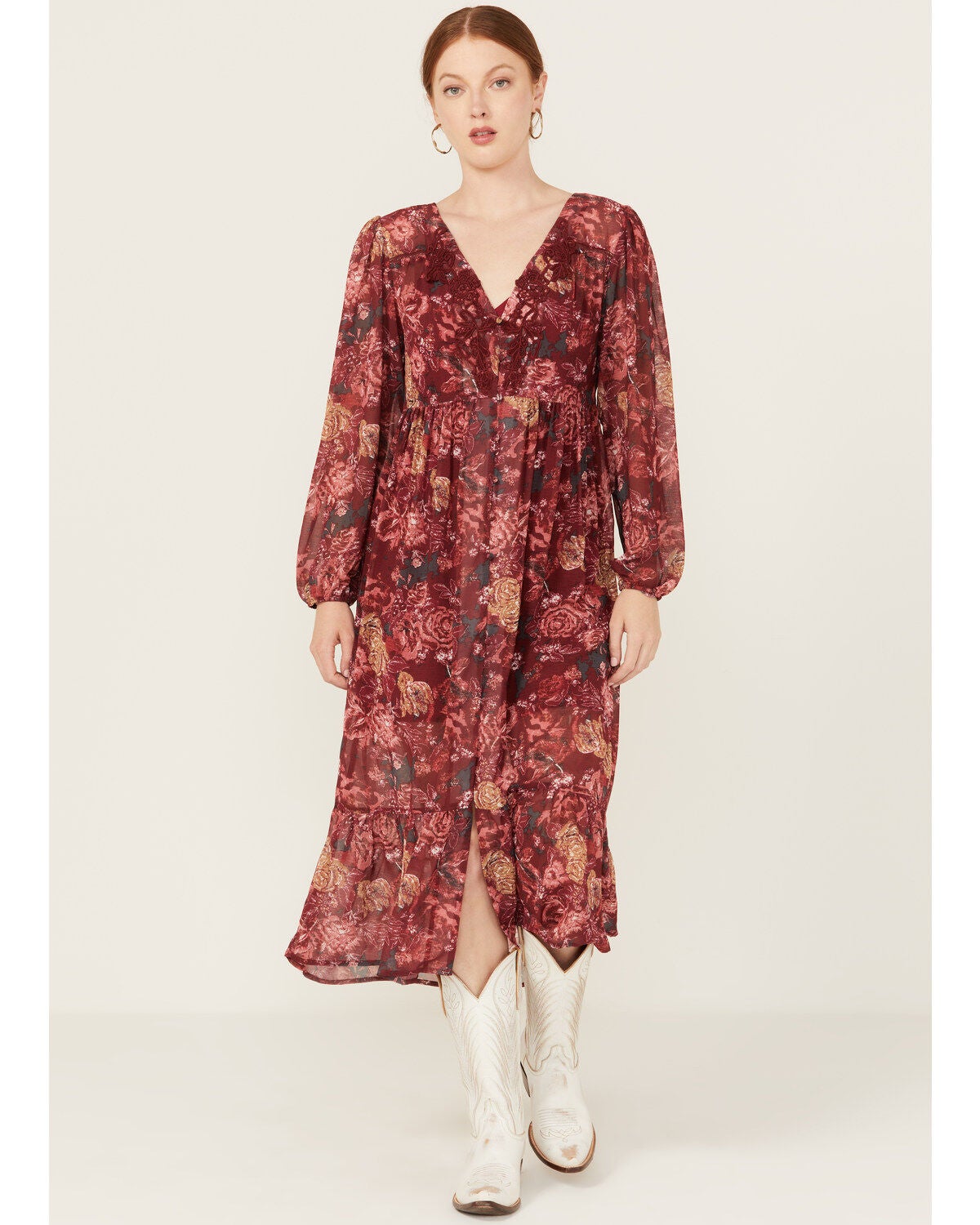 Beyond The Radar Women's Floral Print Crochet Trim Midi Dress, Multi, hi-res