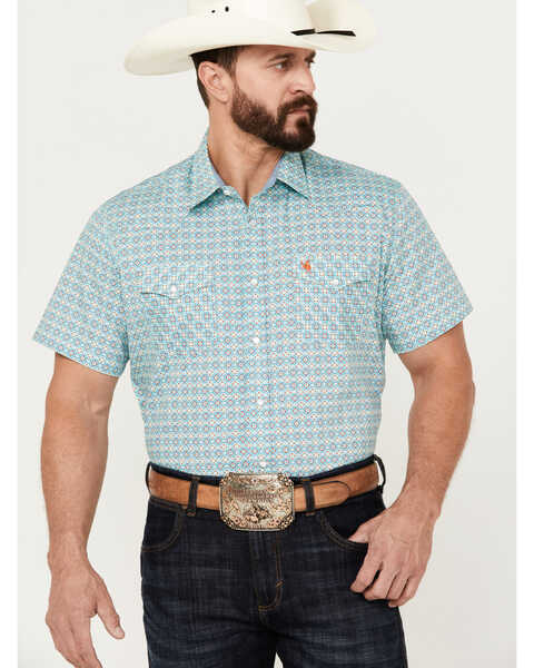 Image #1 - Rodeo Clothing Men's Boot Barn Exclusive Medallion Print Short Sleeve Pearl Snap Western Shirt, Teal, hi-res