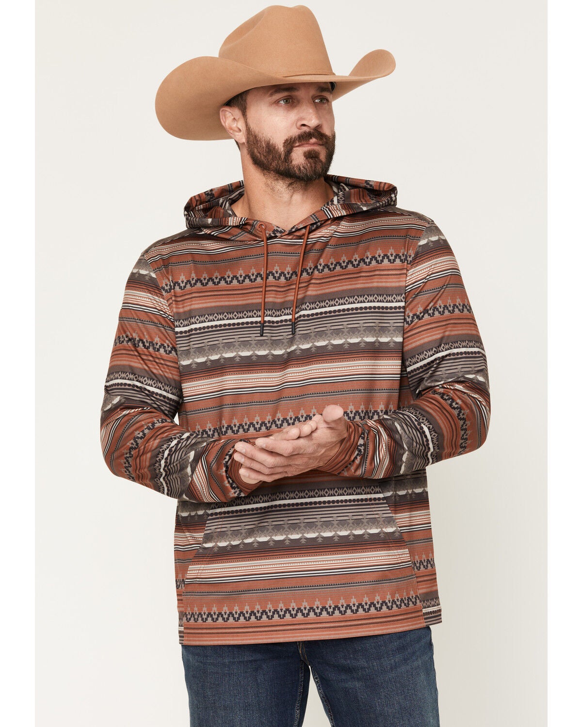 RANK 45&reg; Men's Stone Mesa Southwestern Print Tech Hooded Long Sleeve Shirt, Brown, hi-res