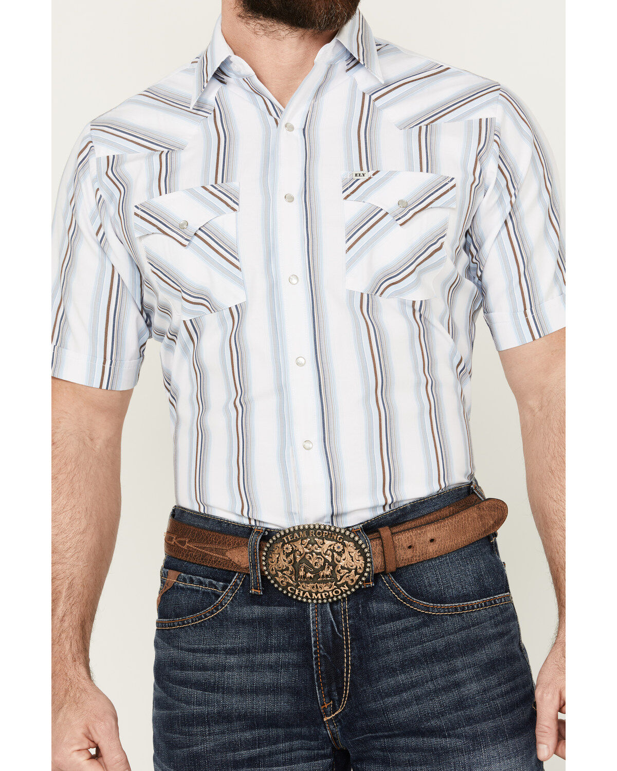 Image #3 - Ely Walker Men's Striped Print Short Sleeve Snap Western Shirt, Light Blue, hi-res