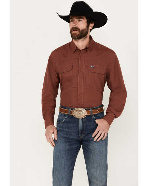 Wrangler Men's Solid Long Sleeve Button-Down Performance Western Shirt - Tall, Red, hi-res