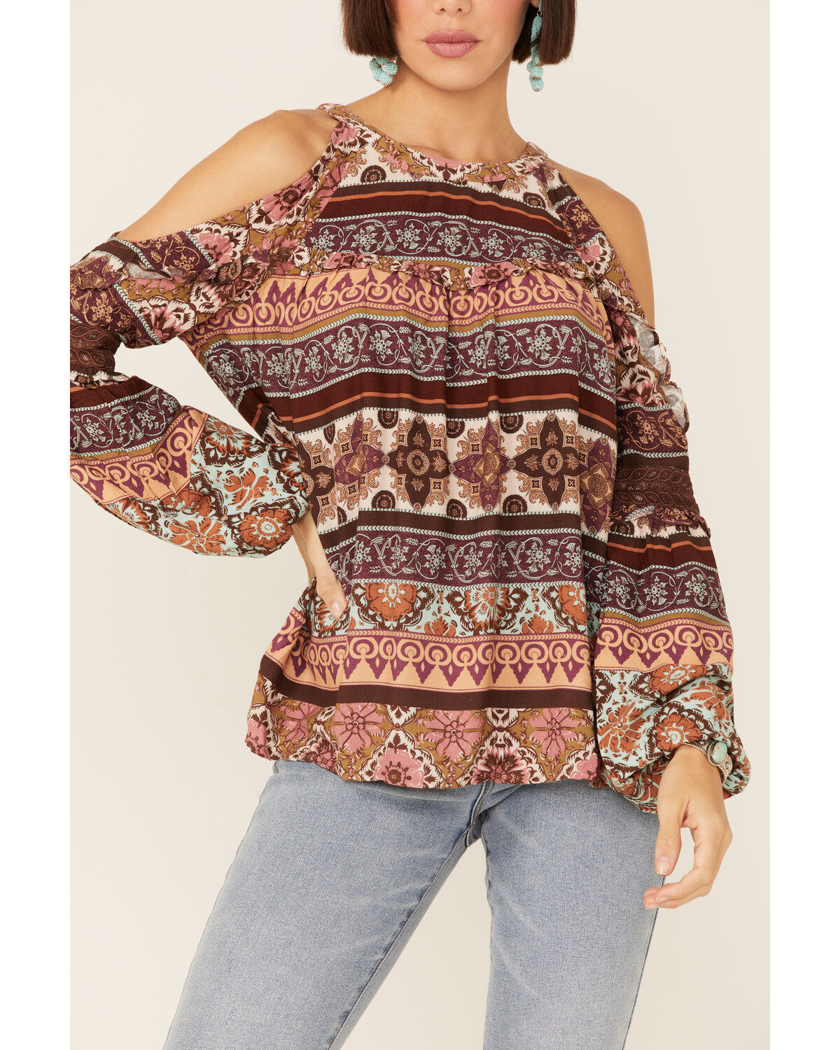 Image #2 - Miss Me Women's Vertical Print Cold Shoulder Bell Sleeve Woven Top, Rust Copper, hi-res
