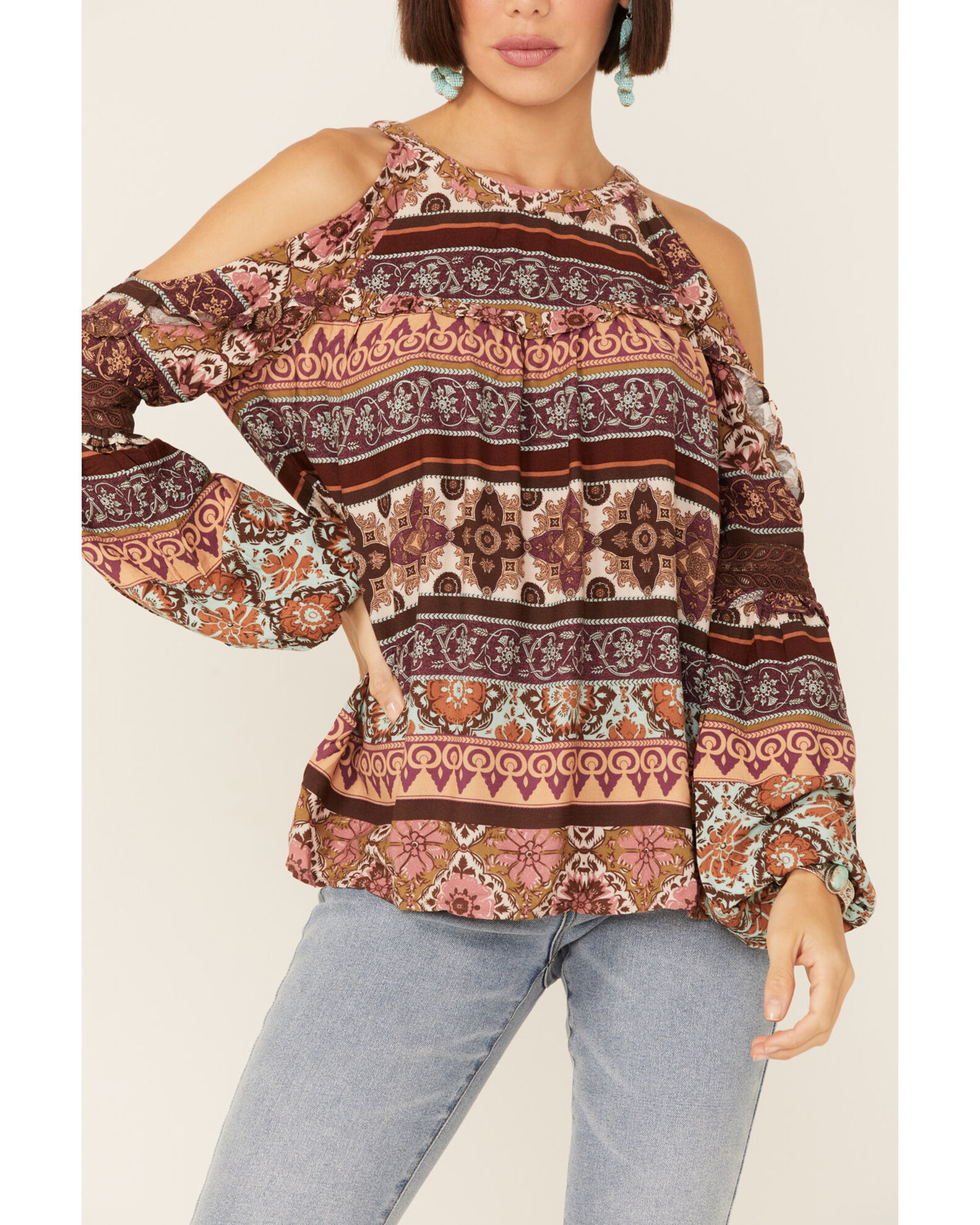 Image #2 - Miss Me Women's Vertical Print Cold Shoulder Bell Sleeve Woven Top, Rust Copper, hi-res