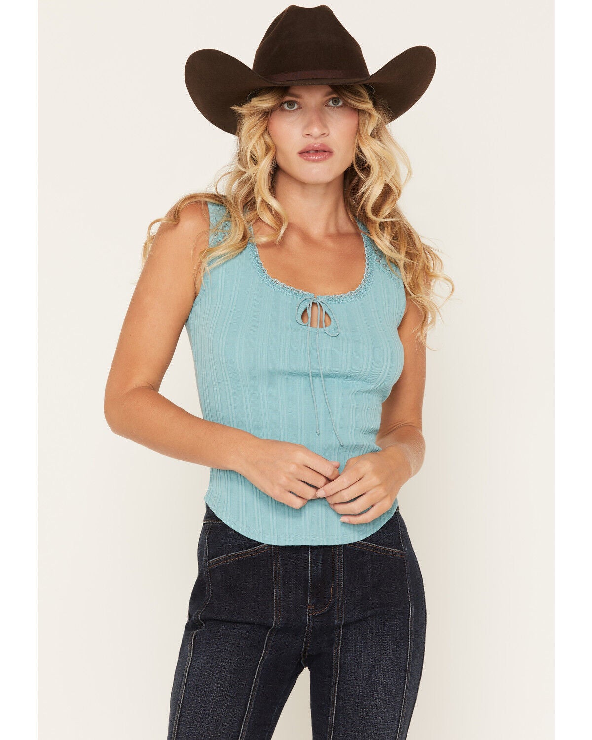 Image #1 - Shyanne Women's Rebecca Short Sleeve Knit Lace Tank, Ocean Blue, hi-res