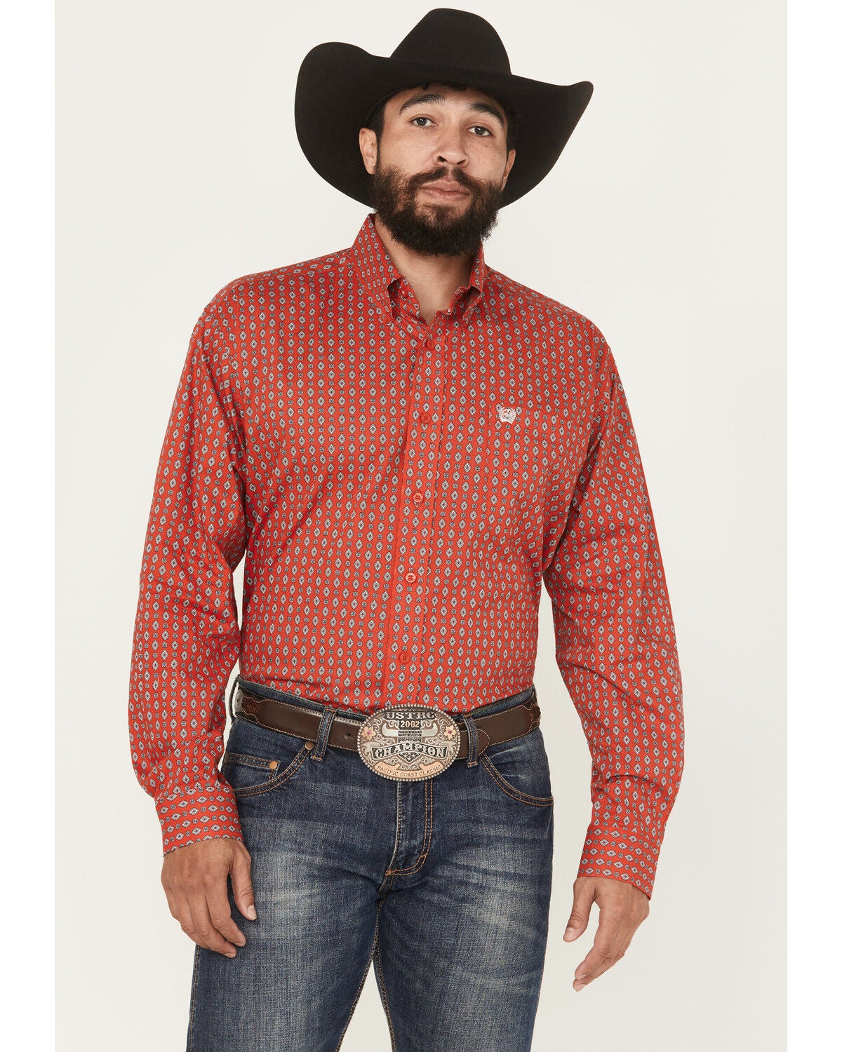 Image #1 - Cinch Men's Geo Print Long Sleeve Button-Down Stretch Western Shirt, Red, hi-res