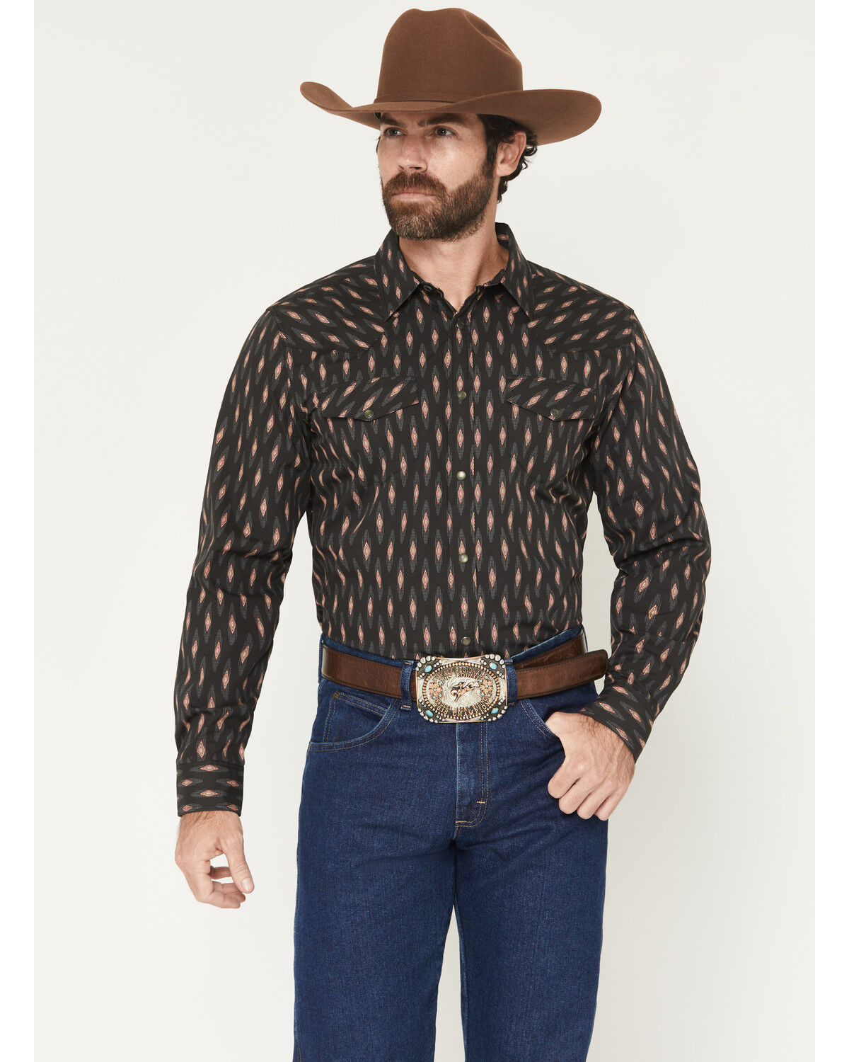 Image #1 - Gibson Trading Co Men's Orbitor Geo Print Long Sleeve Snap Western Shirt - Big, Black, hi-res