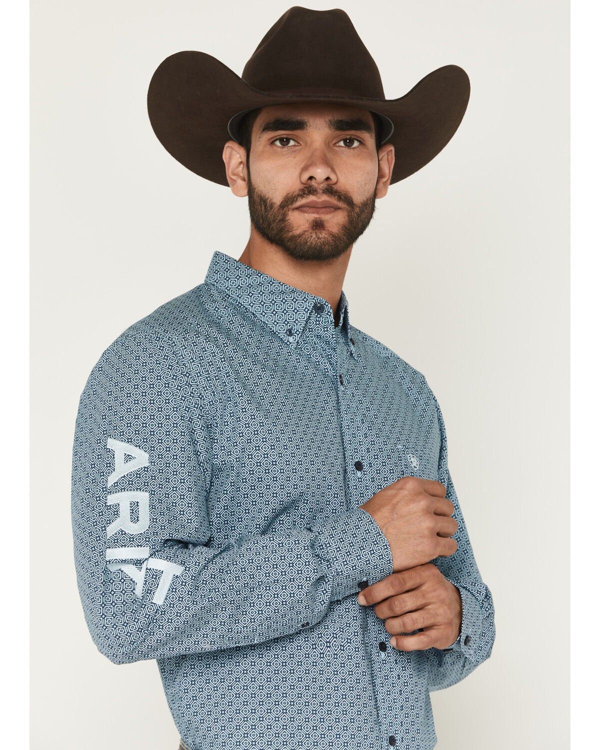 Image #2 - Ariat Men's Team Jansen Geo Print Fitted Long Sleeve Button-Down Western Shirt, Navy, hi-res