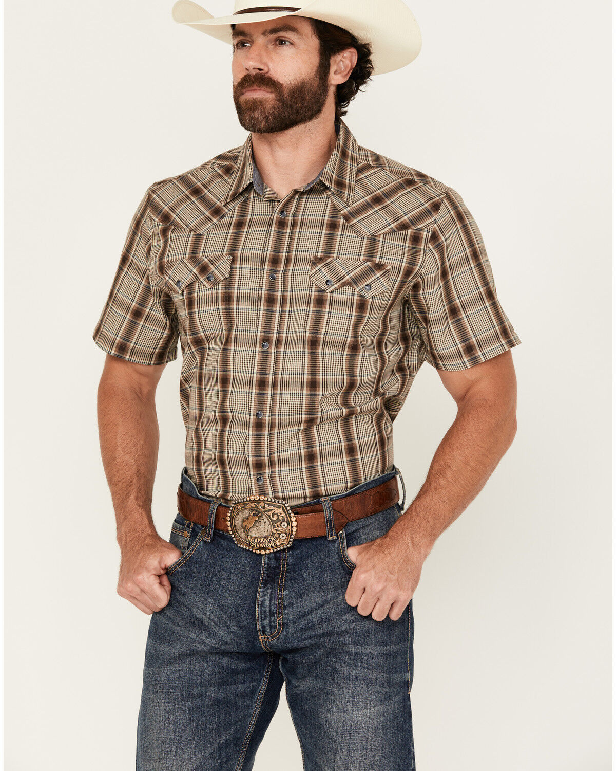 Image #1 - Cody James Men's Poncho Plaid Print Short Sleeve Snap Western Shirt, Brown, hi-res