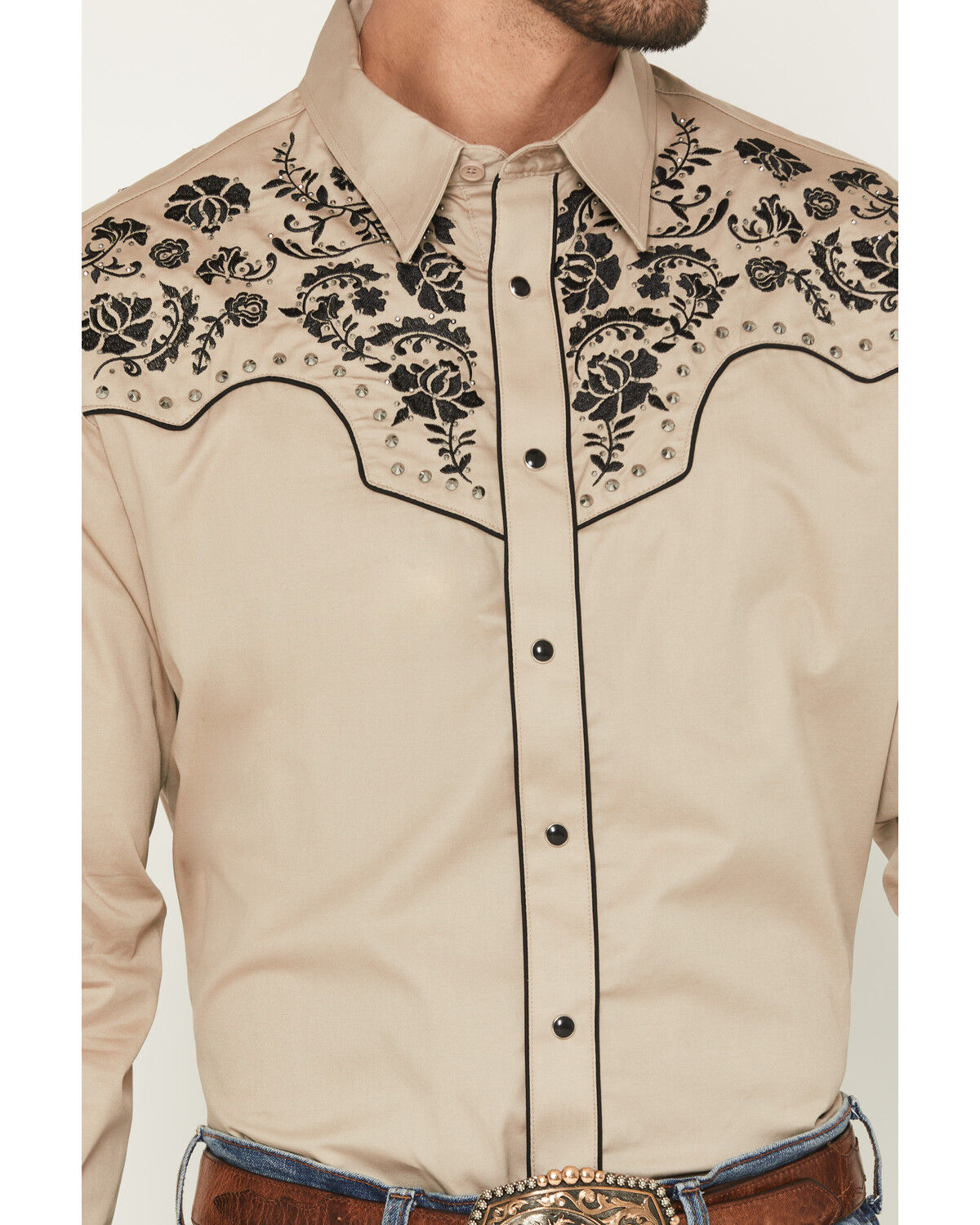 Image #3 - Rodeo Clothing Men's Embroidered Embellished Long Sleeve Snap Western Shirt, Tan, hi-res