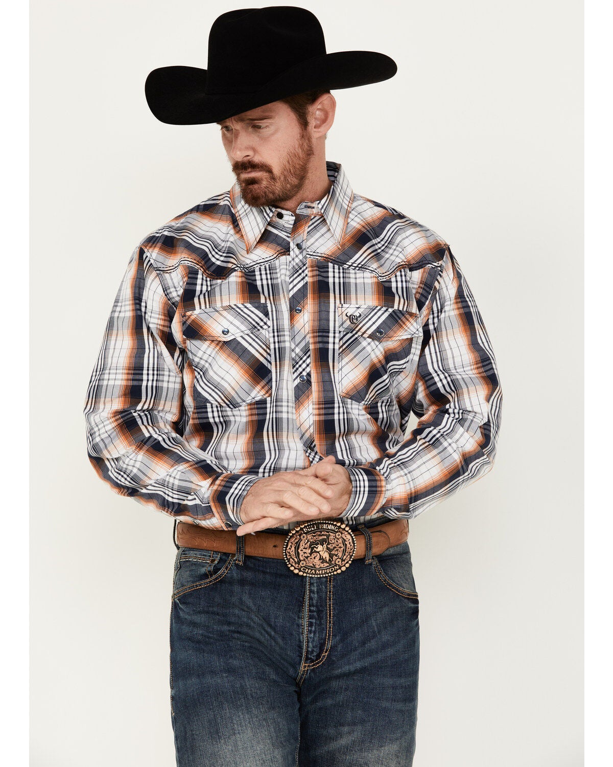 Cowboy Hardware Men's Hermosillo Gradient Plaid Print Long Sleeve Pearl Snap Western Shirt, Navy, hi-res
