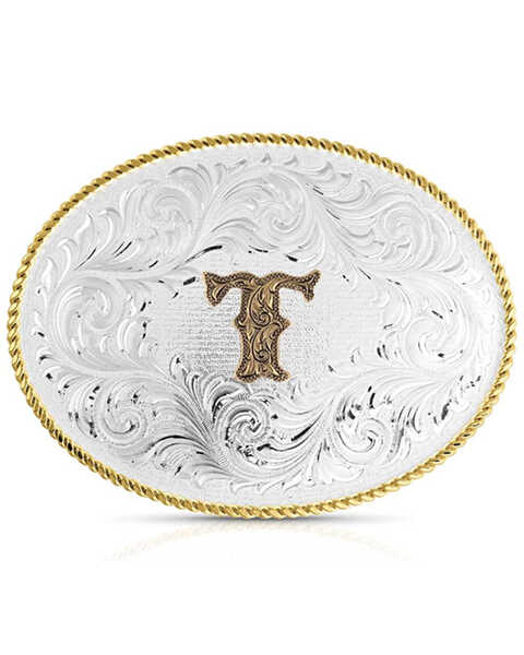 Image #1 - Montana Silversmiths Classic Western Oval Two-Tone Initial Belt Buckle - T, Silver, hi-res