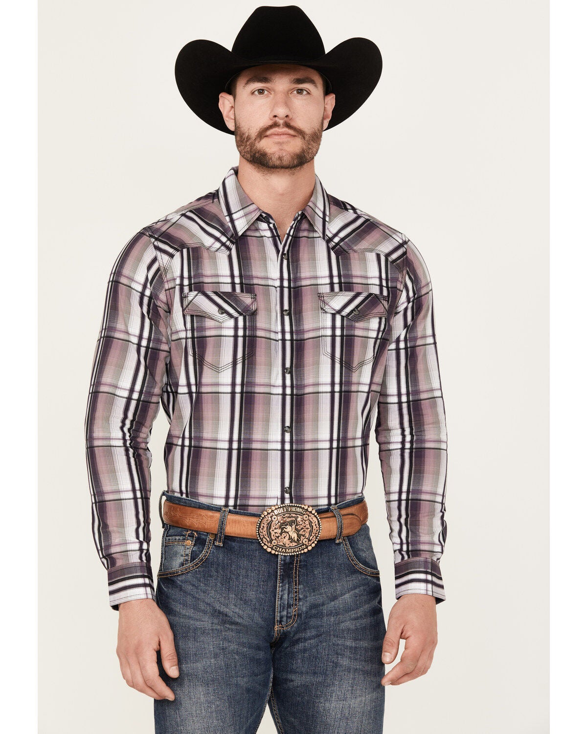 Moonshine Spirit&reg; Men's Back Stage Plaid Print Long Sleeve Snap Western Shirt, Purple, hi-res