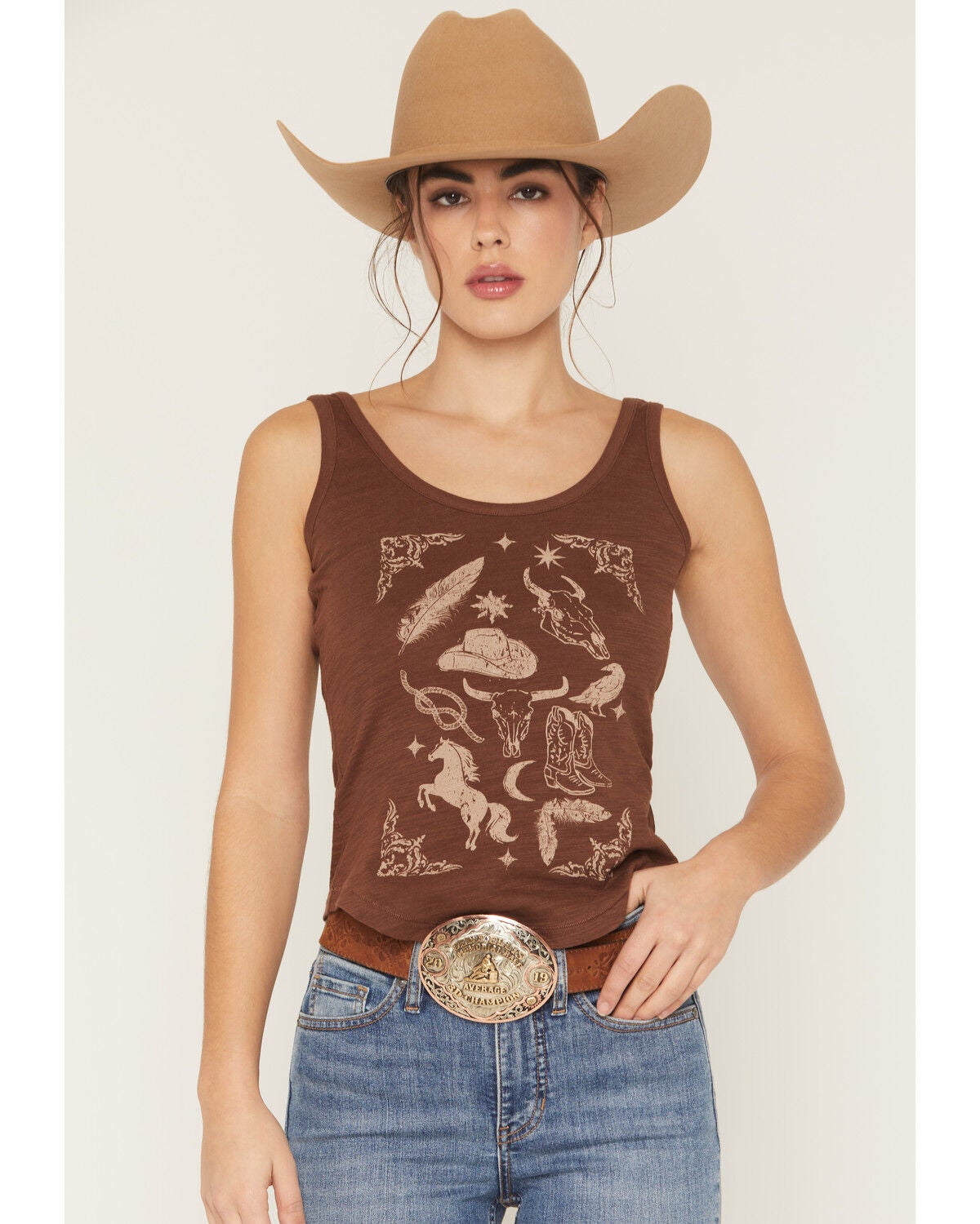 Shyanne Women's Western Icon Graphic Tank Top, Chocolate, hi-res