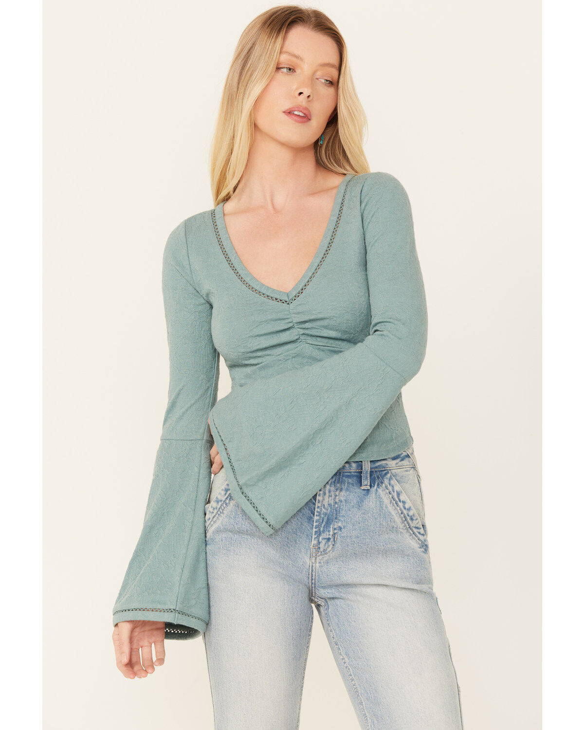 Image #1 - Shyanne Women's Twist Front Flare Sleeve Cropped Top, Aqua, hi-res