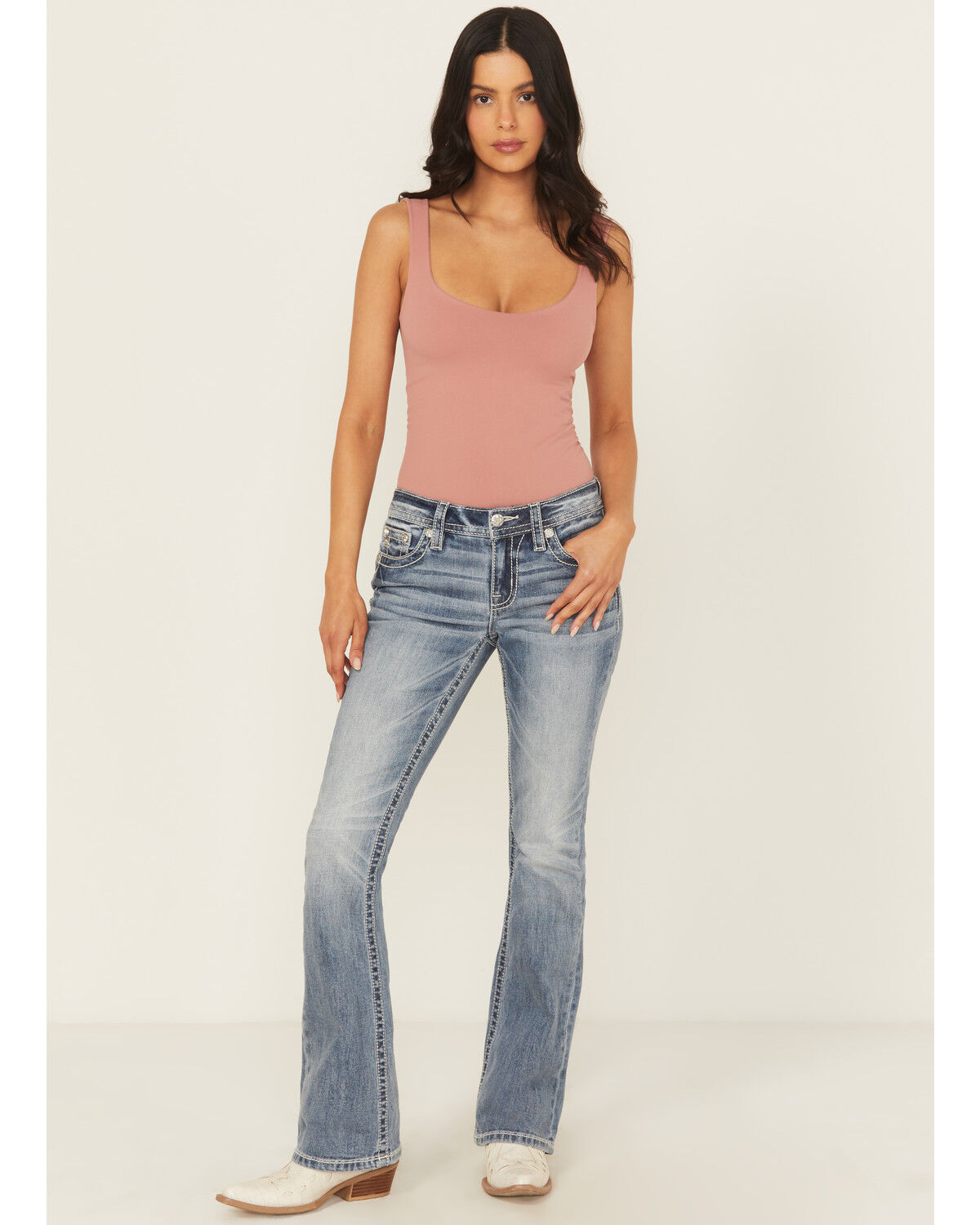 Product Name:  Miss Me Women's Dark Wash Mid Rise Floral Cross Pocket 32" Bootcut Stretch Denim Jeans