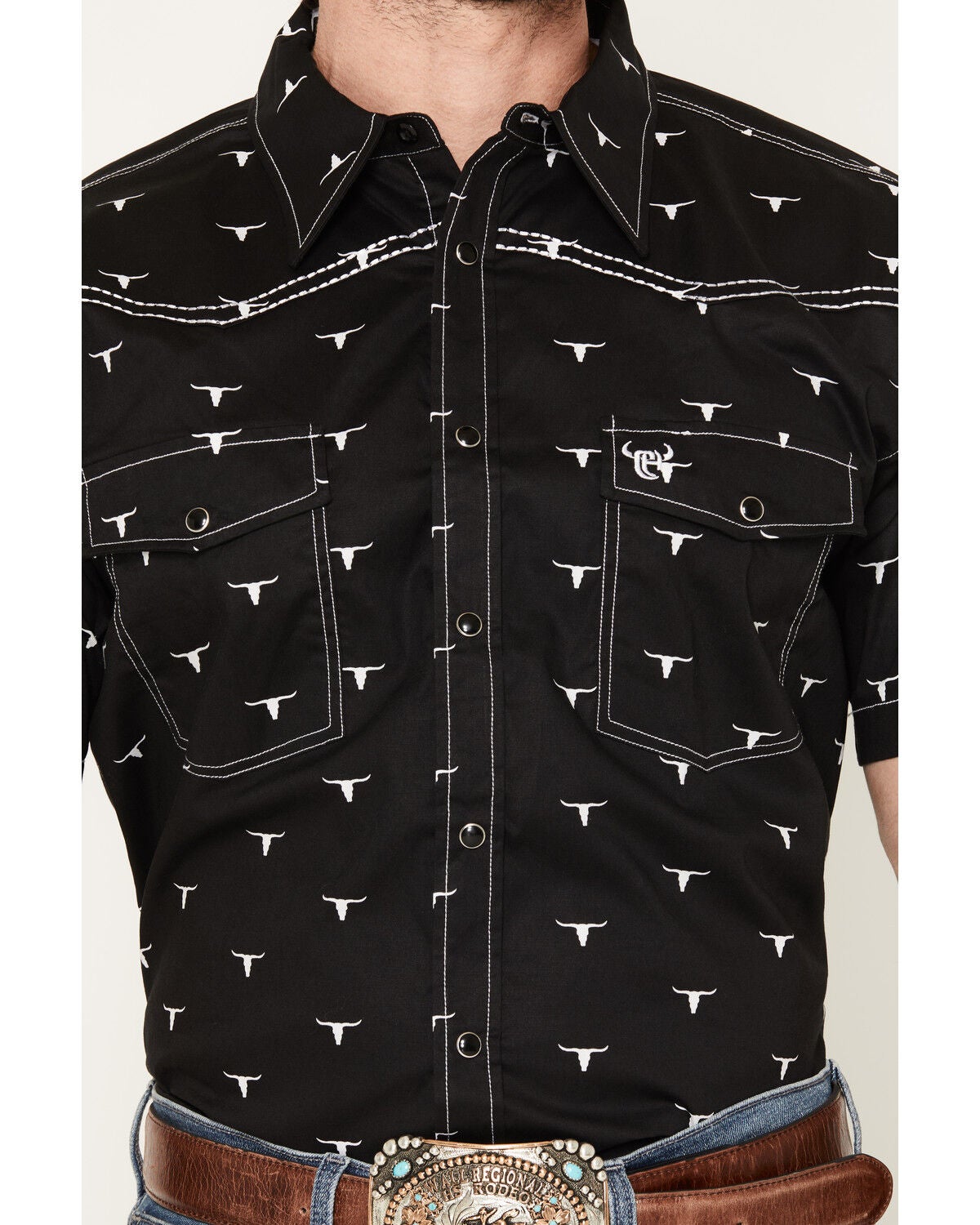 Image #3 - Cowboy Hardware Men's Boot Barn Exclusive Scatter Skull Print Short Sleeve Snap Stretch Western Shirt, Black, hi-res