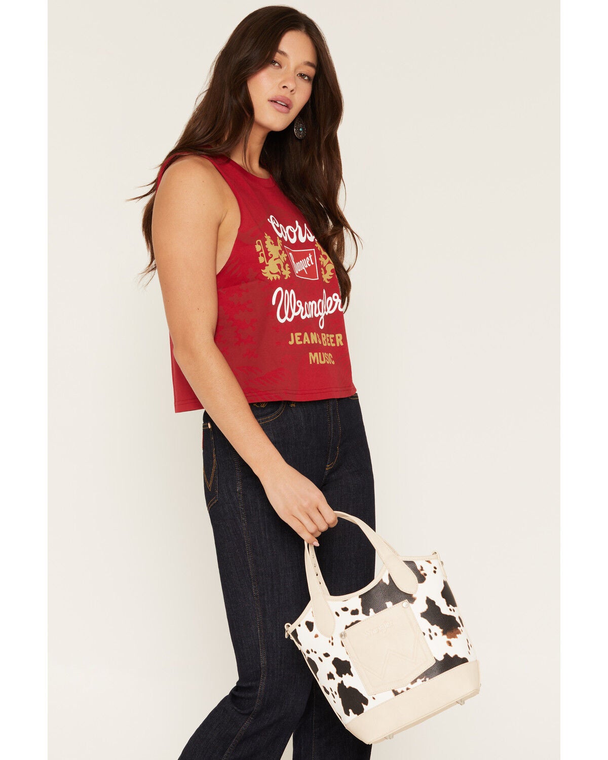 Wrangler X Boot Barn Women's Cow Print Bucket Bag, Beige, hi-res