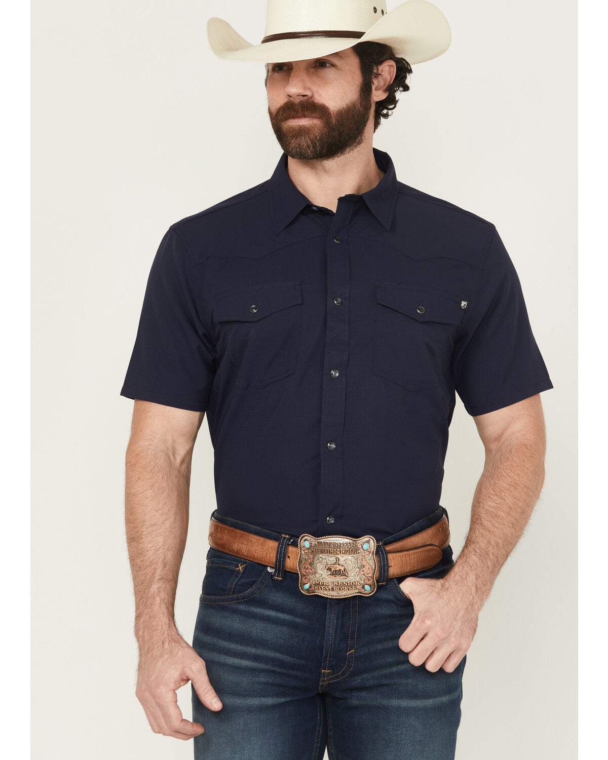 RANK 45&reg; Men's Ridge Solid Short Sleeve Snap Performance Western Shirt, Navy, hi-res
