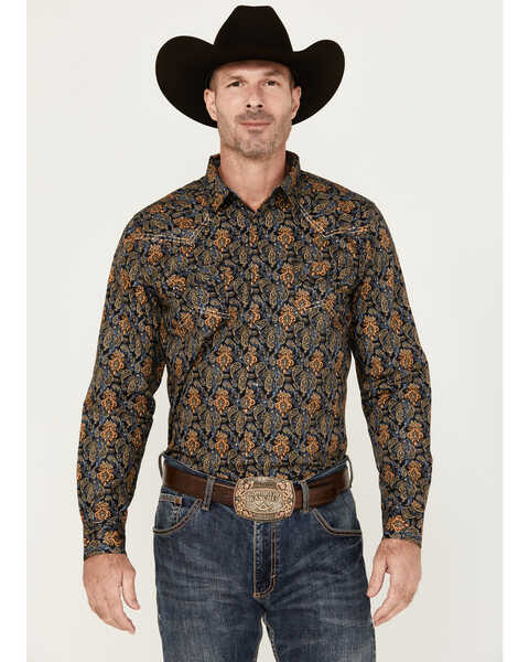Cody James Men's Vaquero Paisley Print Long Sleeve Snap Western Shirt, Dark Blue, hi-res