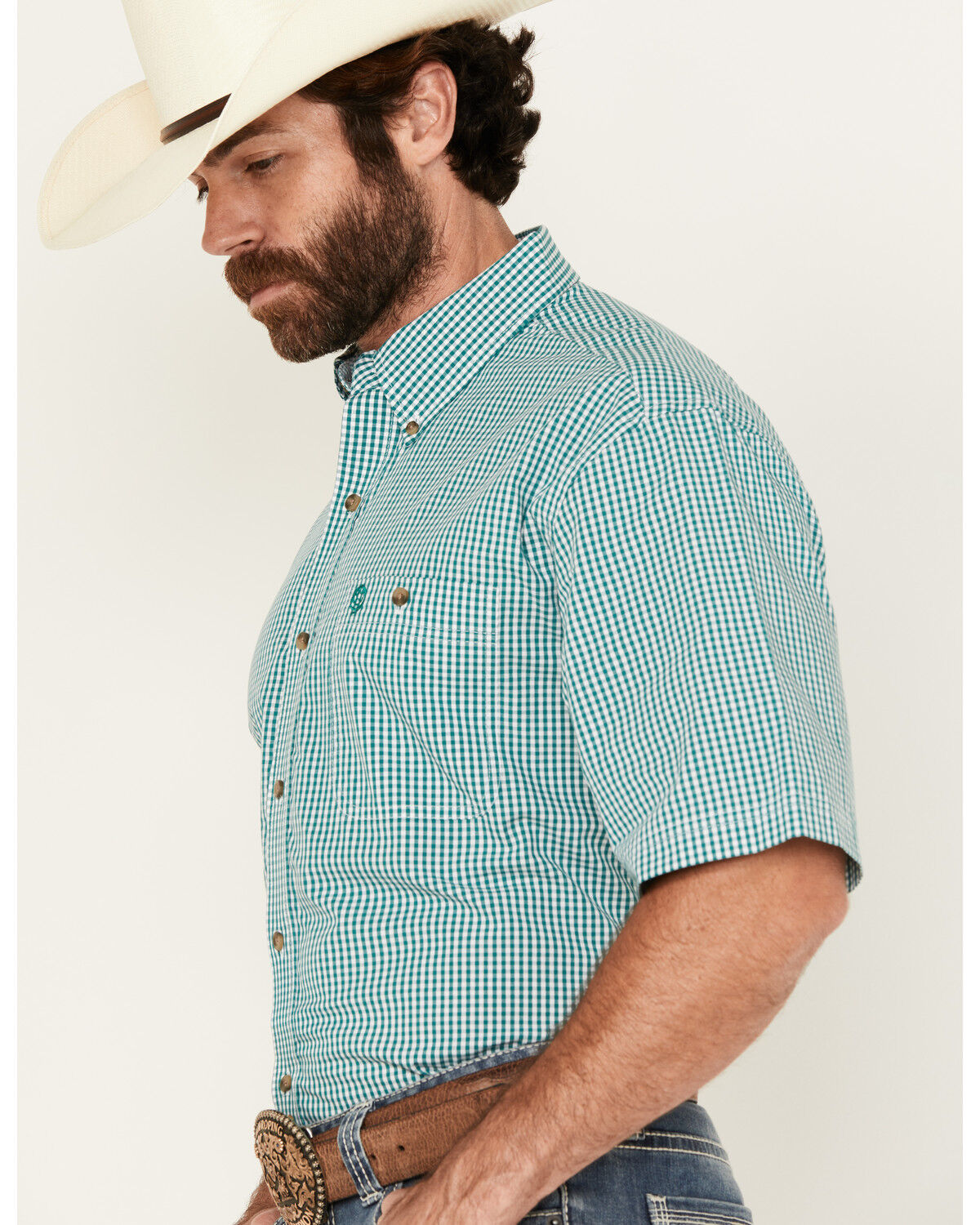 Image #2 - George Strait by Wrangler Men's Checkered Print Short Sleeve Button-Down Stretch Western Shirt, Turquoise, hi-res
