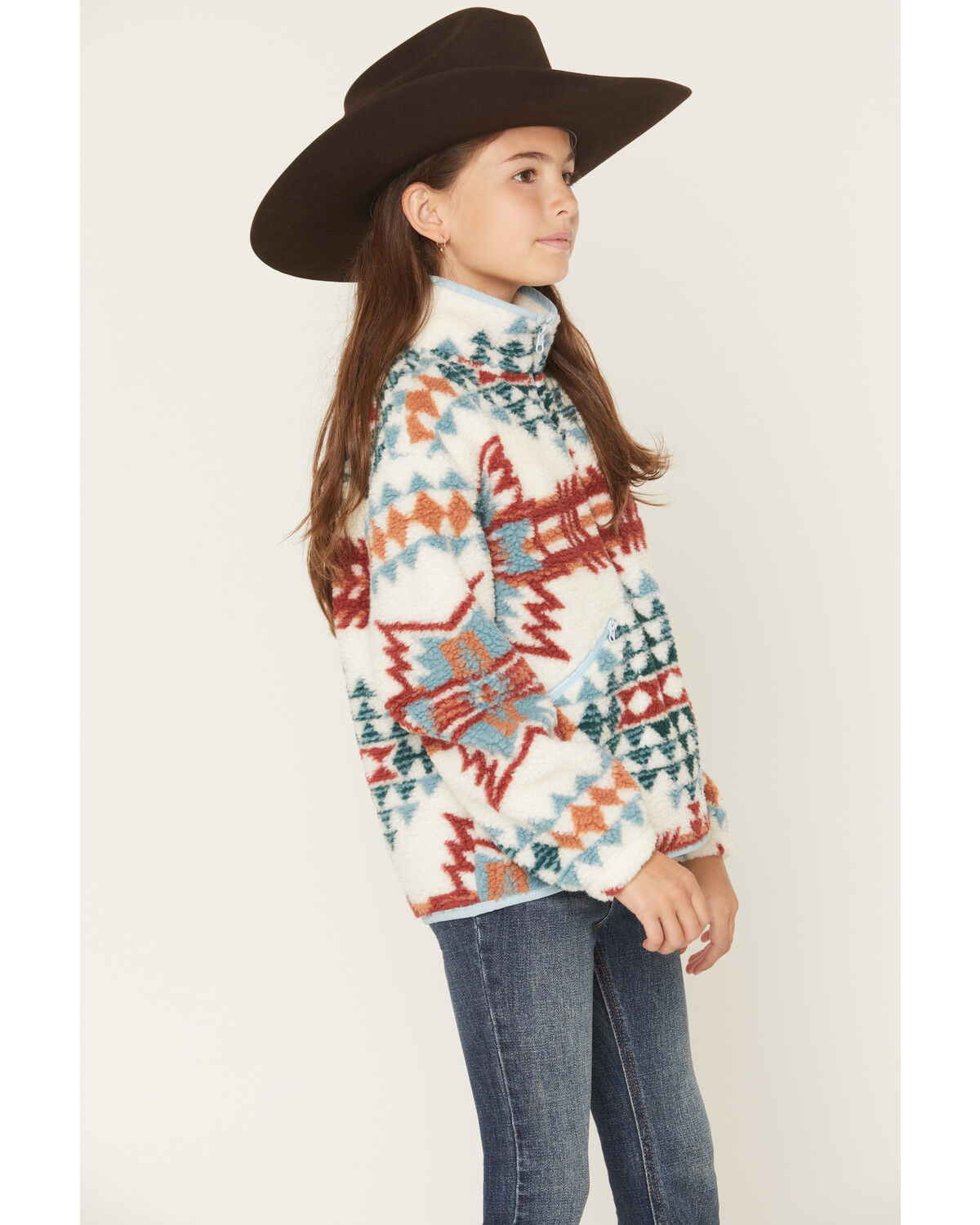 Image #2 - Rock & Roll Denim Girls' Southwestern Print Sherpa Pullover, Natural, hi-res