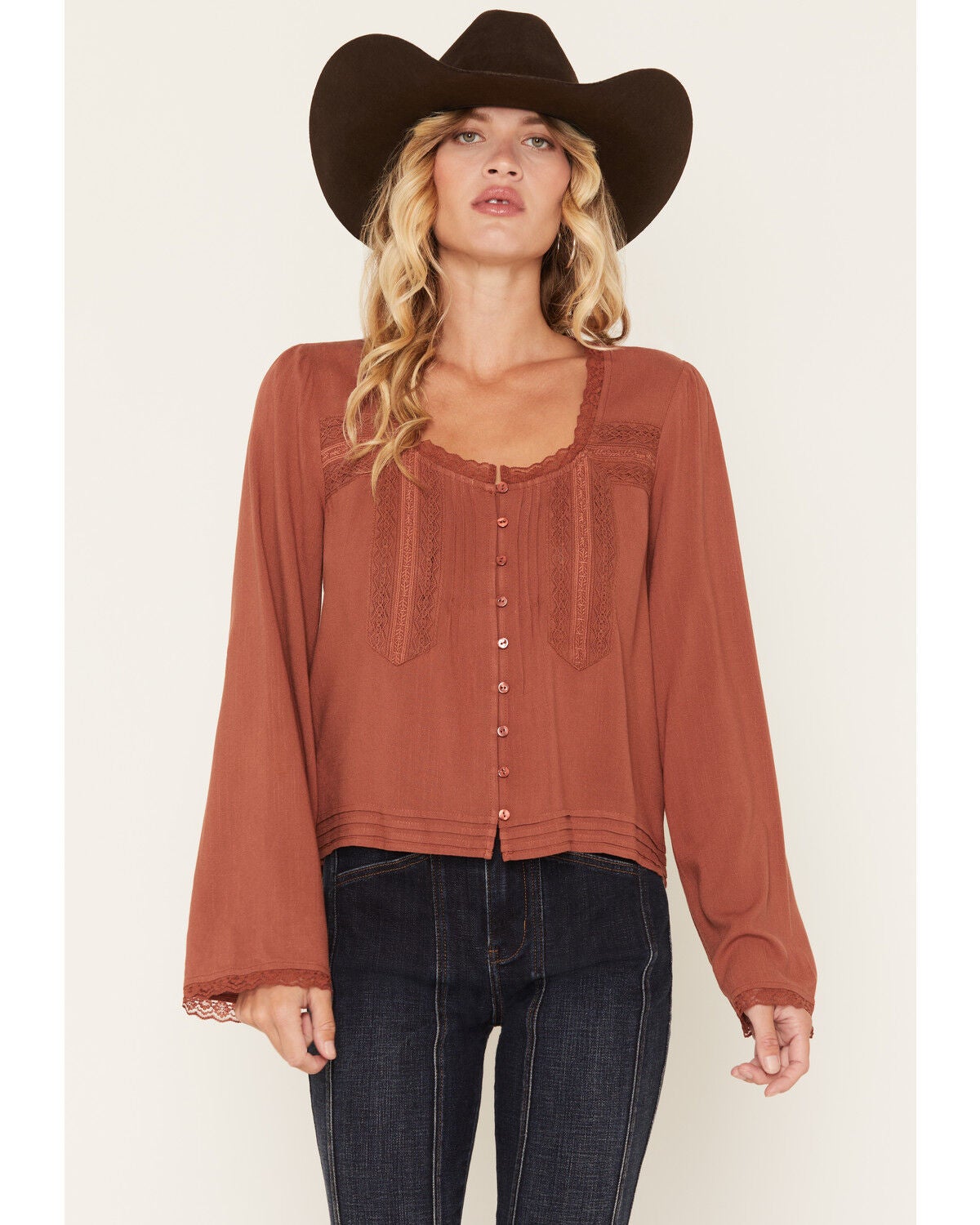 Lovestitch Women's Long Sleeve Lace Trim Top, Dusty Rose, hi-res
