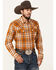 Image #1 - Cody James Men's Tidal Wave Plaid Print Long Sleeve Snap Western Flannel, Caramel, hi-res
