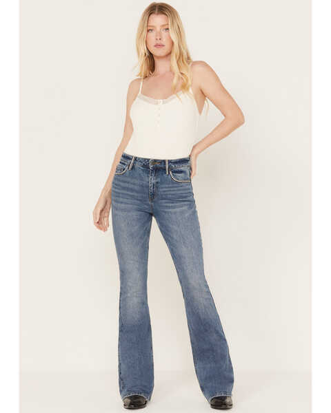 Idyllwind Women's Foxwood High Risin' Rhinestone Flare Jeans, Dark Medium Wash, hi-res