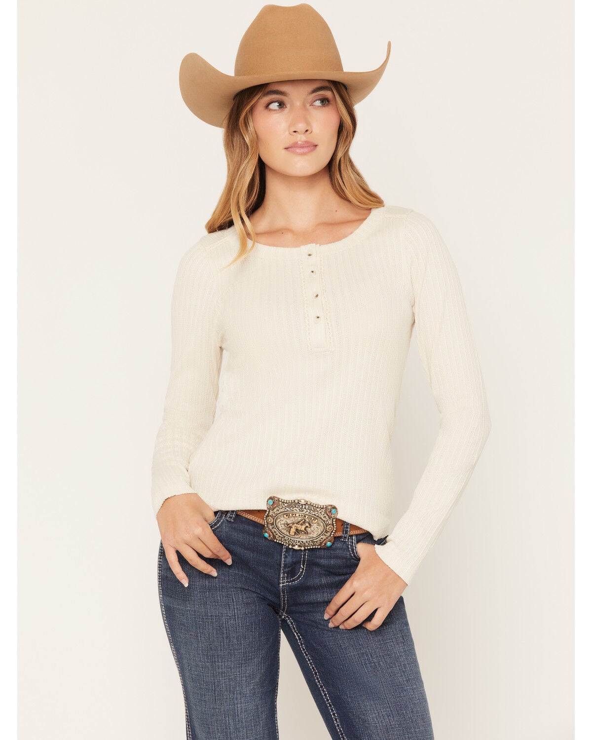 Image #1 - Shyanne Women's Lace Trim Henley Long Sleeve Top, Oatmeal, hi-res