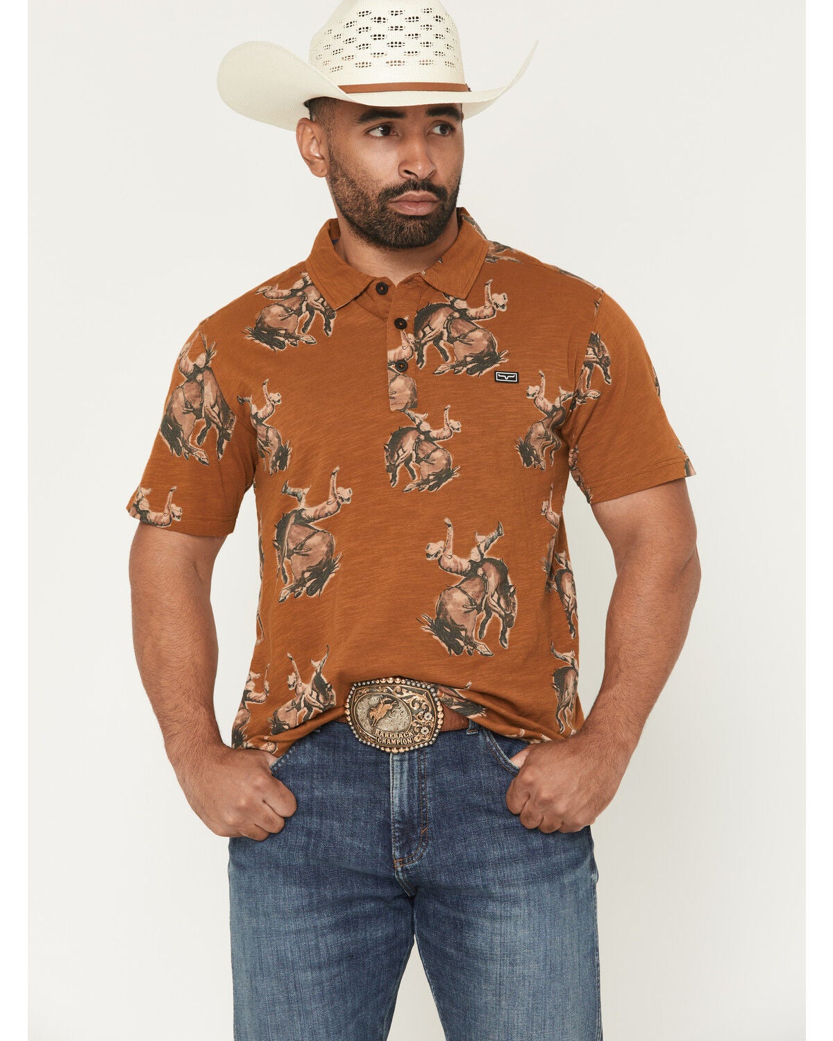 Kimes Ranch Men's Winning Short Sleeve Button-Down Polo Shirt, Brown, hi-res