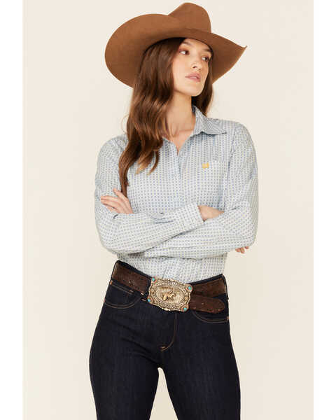 Cinch Women's ARENAFLEX Geo Print Long Sleeve Button Down Western Core Shirt , Light Blue, hi-res