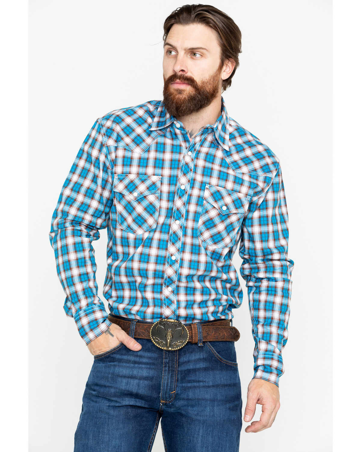 Image #1 - Wrangler 20X Men's Plaid Print Competition Advanced Comfort Long Sleeve Western Shirt, , hi-res