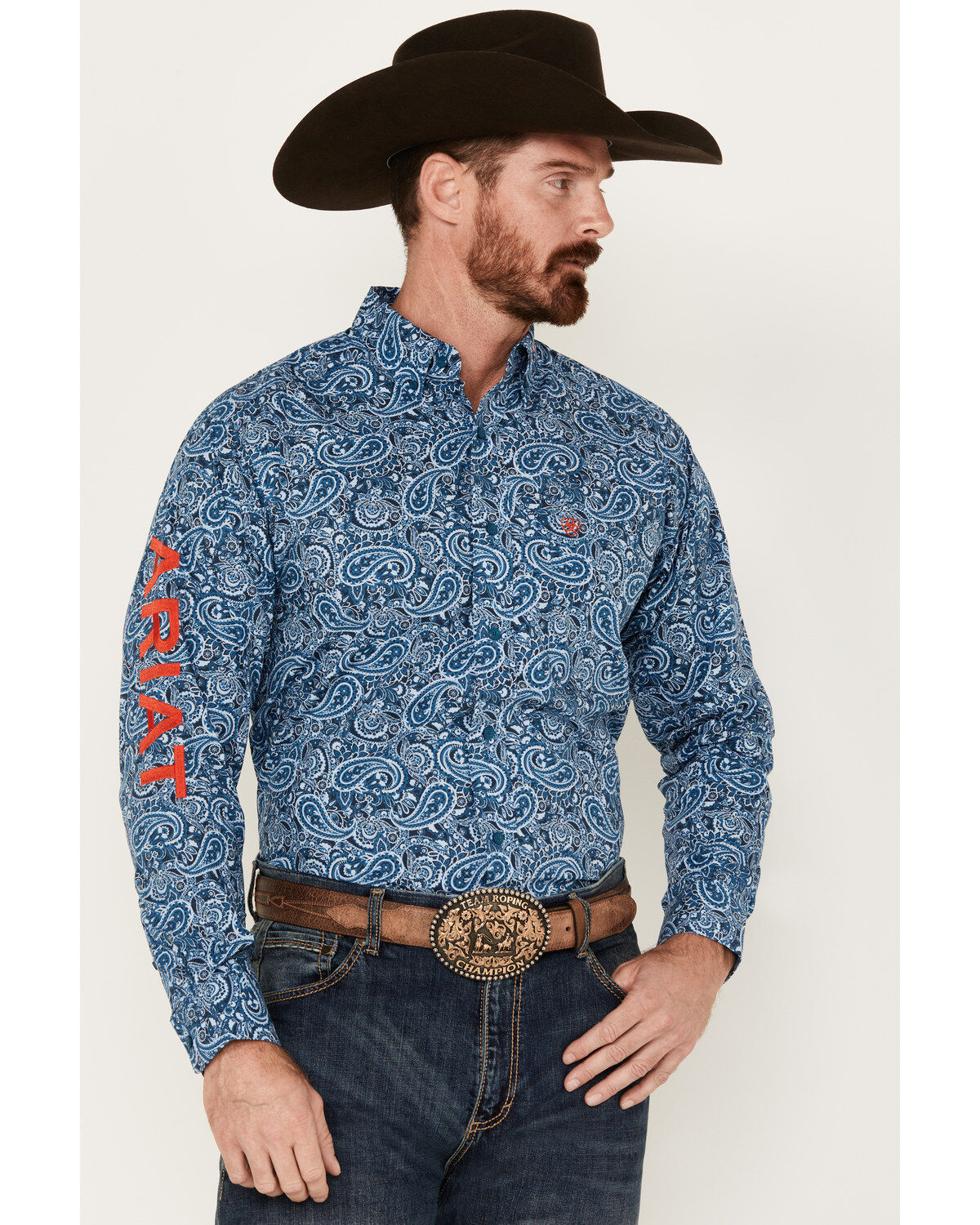 Image #1 - Ariat Men's Team Wayde Paisley Print Long Sleeve Button-Down Western Shirt, Blue, hi-res