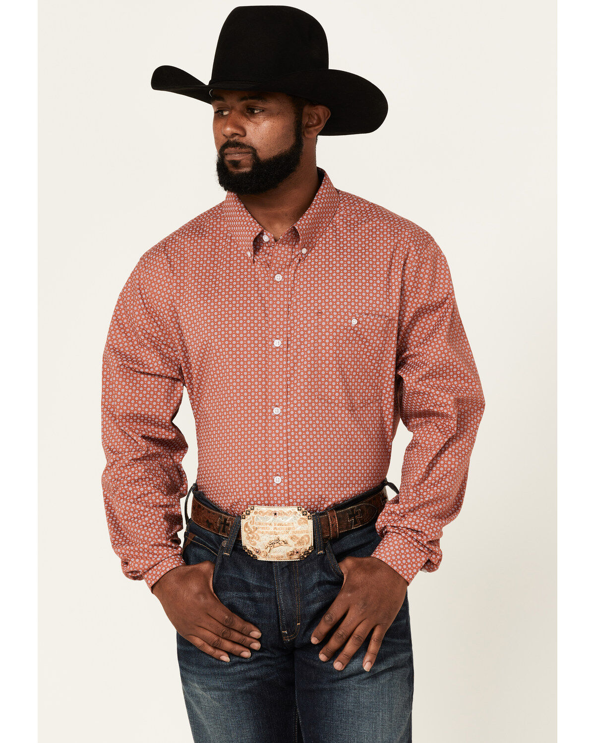 Image #1 - RANK 45® Men's Mash Up Floral Geo Print Long Sleeve Button-Down Western Shirt, Medium Red, hi-res