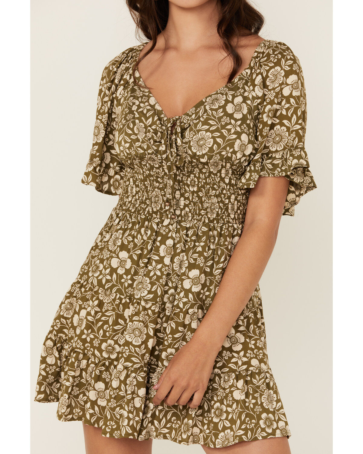 Image #3 - Angie Women's Floral Print Smocked Waist Mini Dress, , hi-res