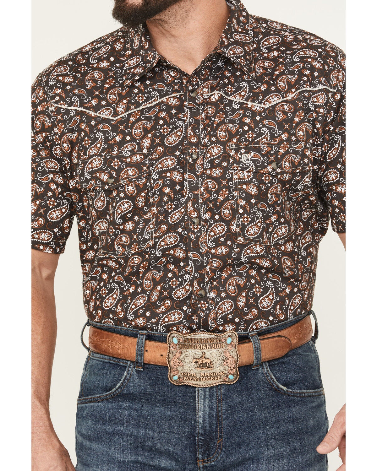 Image #3 - Cowboy Hardware Men's Paisley Print Short Sleeve Snap Stretch Western Shirt, , hi-res